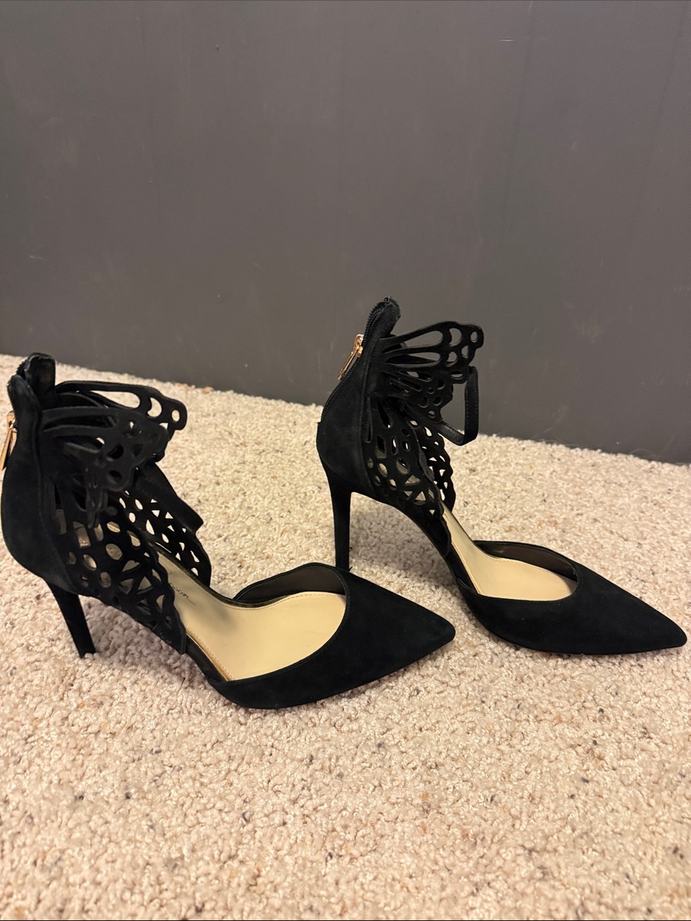 Jessica Simpson Black Laser-Cut Butterfly Ankle Strap Heels